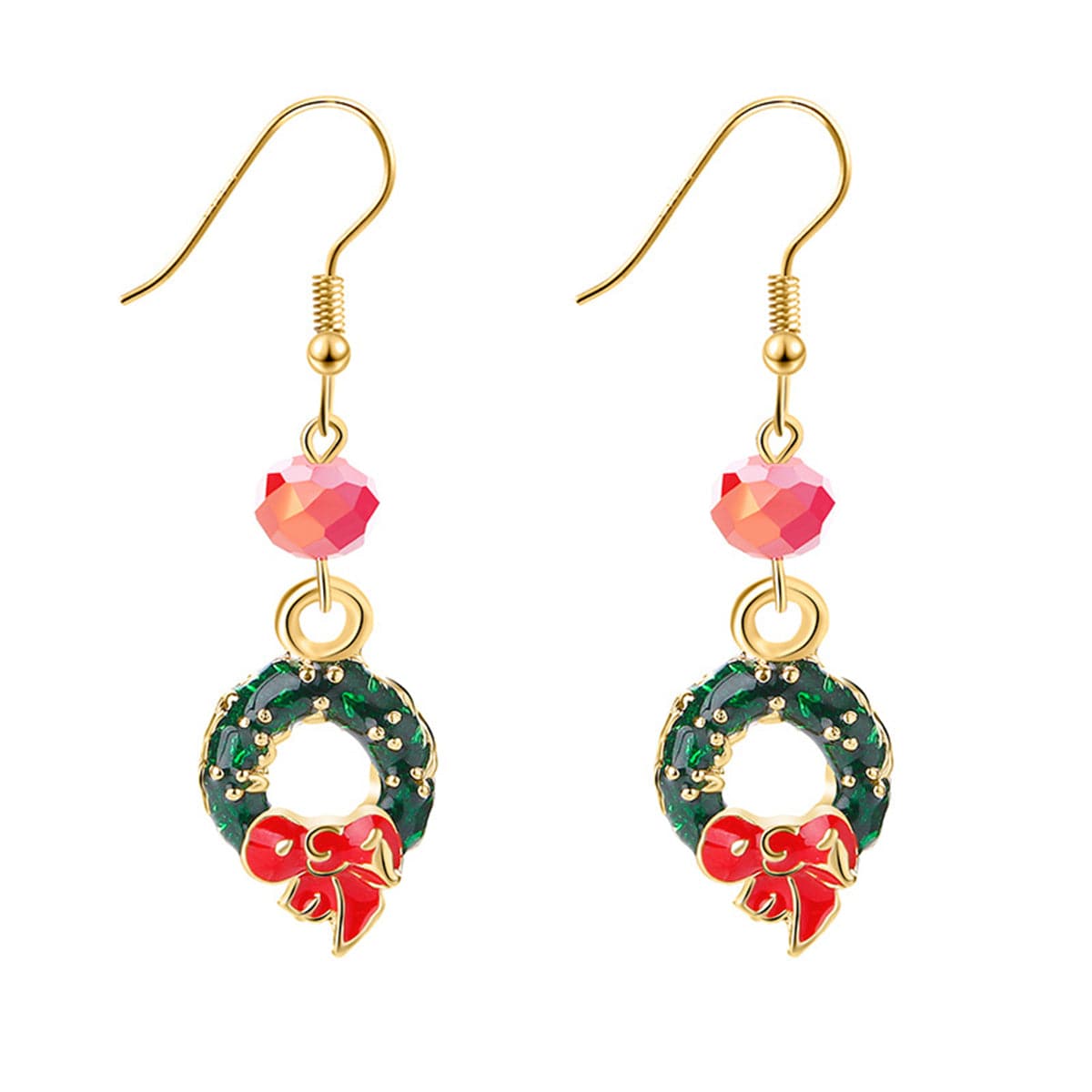 Green and Pink Enamel 18K Gold-Plated Bow Wreath Drop Earrings, gold drop earrings for women, front view