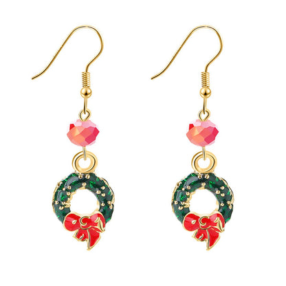 Green and Pink Enamel 18K Gold-Plated Bow Wreath Drop Earrings, gold drop earrings for women, front view