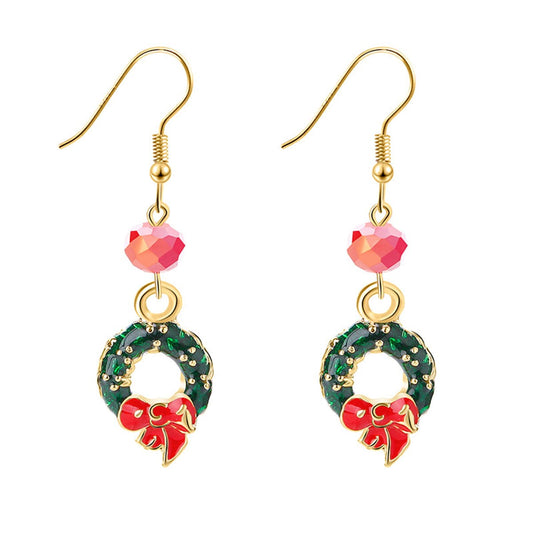 Green and Pink Enamel 18K Gold-Plated Bow Wreath Drop Earrings, gold drop earrings for women, front view
