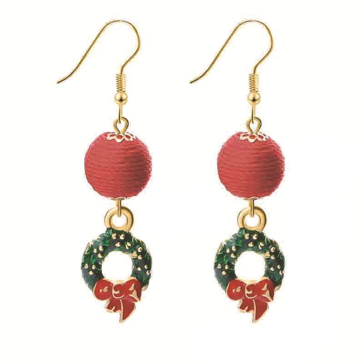 Red Polyster & Green Enamel Wreath Ball Drop Earrings