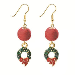 Red Polyster & Green Enamel Wreath Ball Drop Earrings