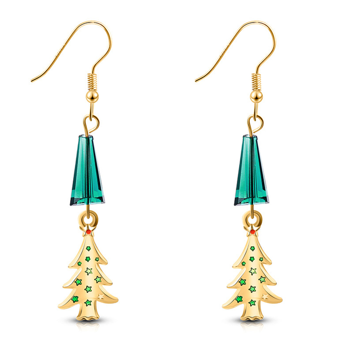Teal Acrylic and 18K Gold-Plated Christmas Tree Drop Earrings, gold drop earrings for women, everyday style, front view