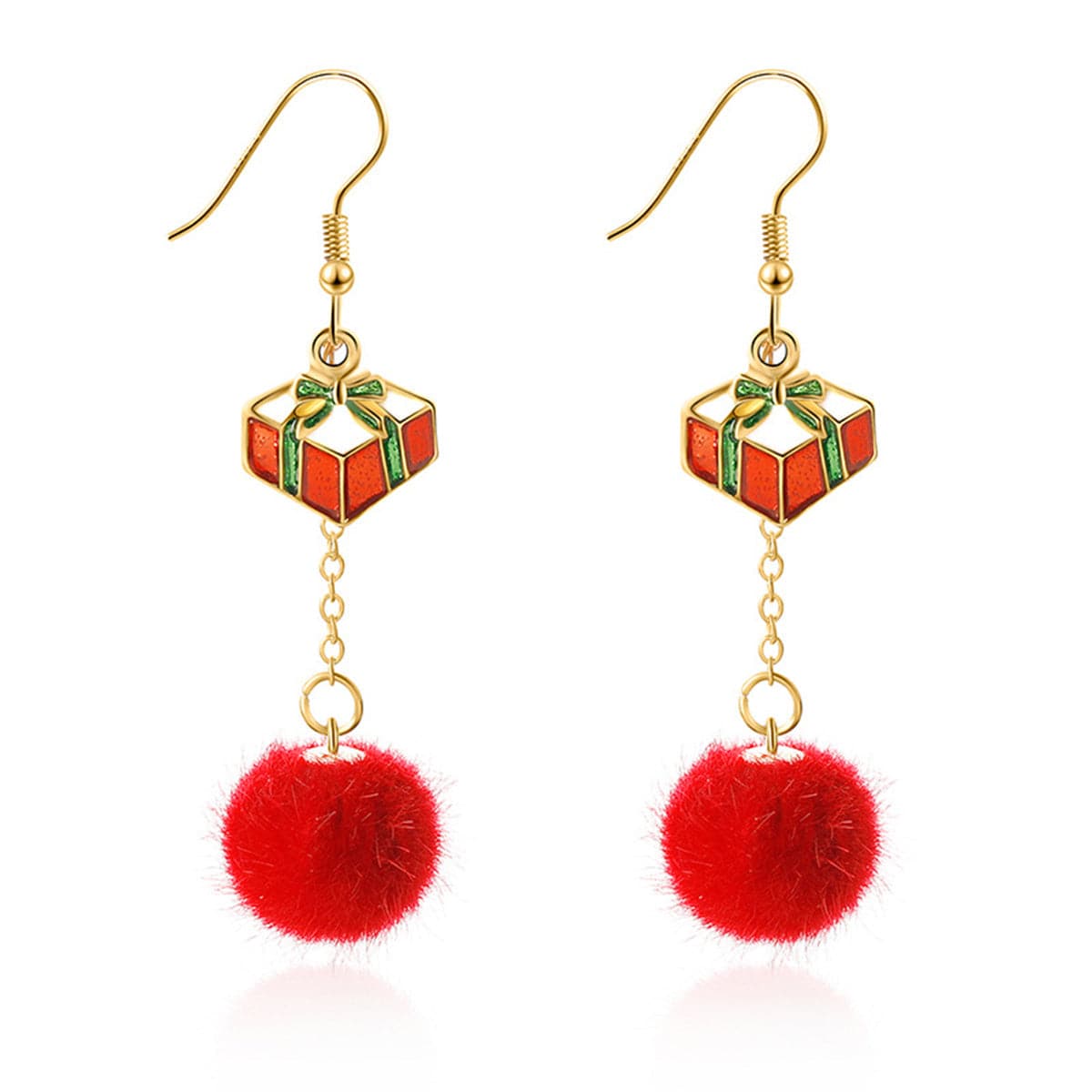Red Enamel and 18K Gold-Plated Pom-Pom Gift Drop Earrings, gold drop earrings for women, vintage-inspired design, front view