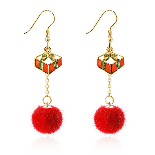 Red Enamel and 18K Gold-Plated Pom-Pom Gift Drop Earrings, gold drop earrings for women, vintage-inspired design, front view