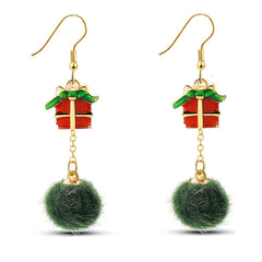 Green Pom-Pom & Red Enamel Gift Drop Earrings
