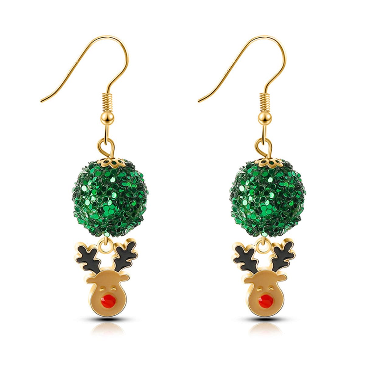 Green Enamel & Acrylic 18K Gold-Plated Ball Reindeer Drop Earrings