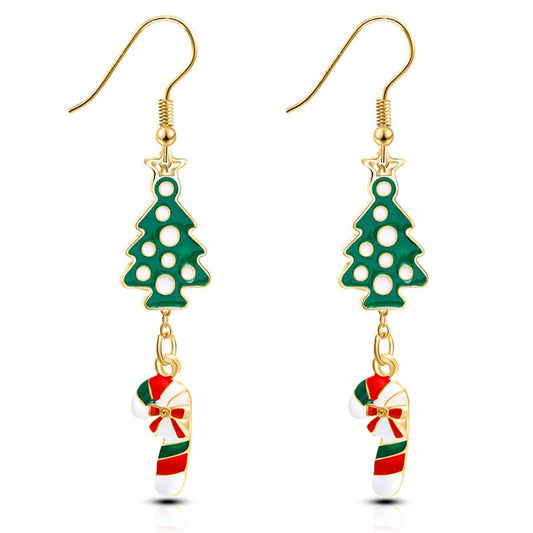 Green Enamel and 18K Gold-Plated Christmas Tree Candy Cane Drop Earrings, gold drop earrings for women, front view