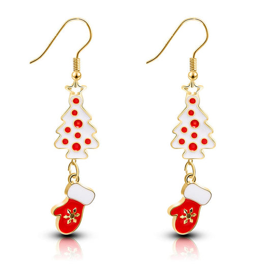 Red and White Tree and Mittens Drop Earrings, drop earrings for women, botanical inspired, front view