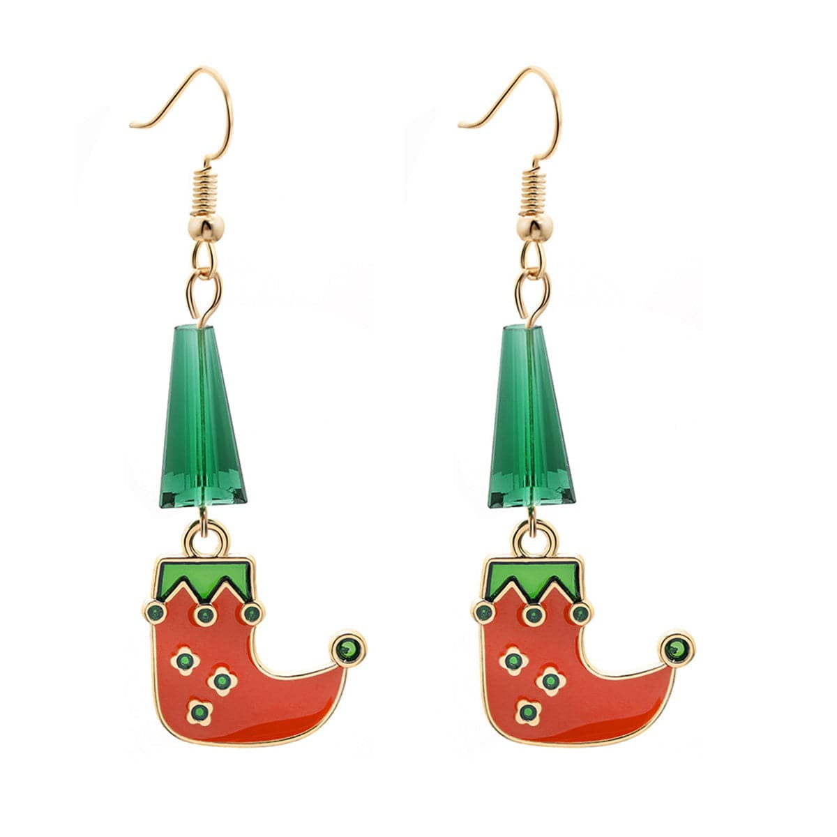 Green and Red Beaded Cone Elf Shoe Drop Earrings, drop earrings for women, botanical inspired, front view