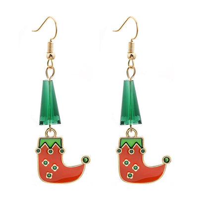Green and Red Beaded Cone Elf Shoe Drop Earrings, drop earrings for women, botanical inspired, front view