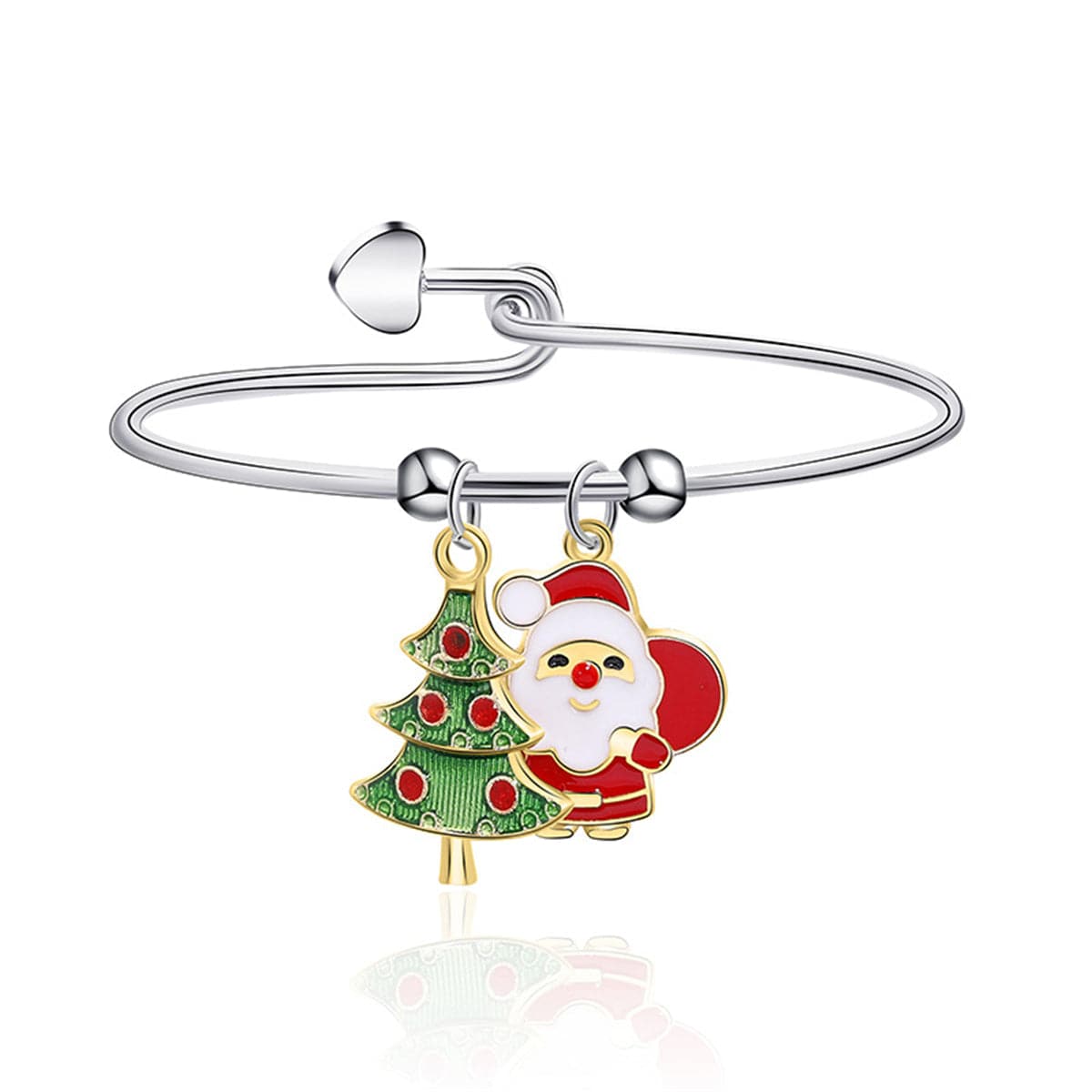 Green and Two-Tone Christmas Tree and Santa Charm Bangle, bangle bracelet, dainty minimalist design, front view