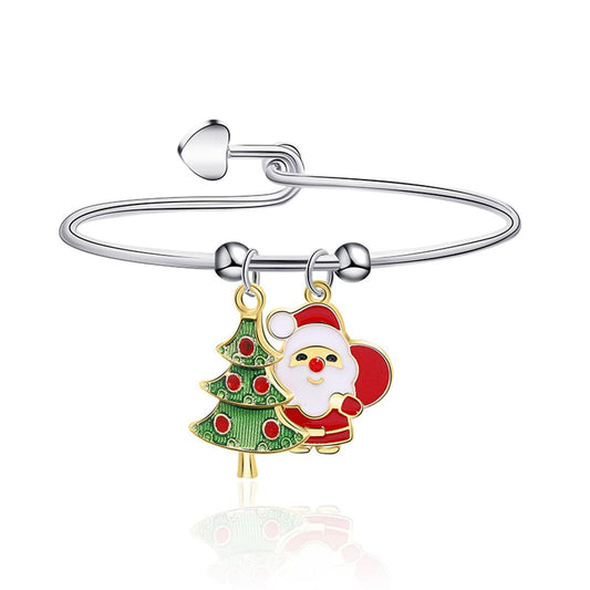 Green and Two-Tone Christmas Tree and Santa Charm Bangle, bangle bracelet, everyday style, front view
