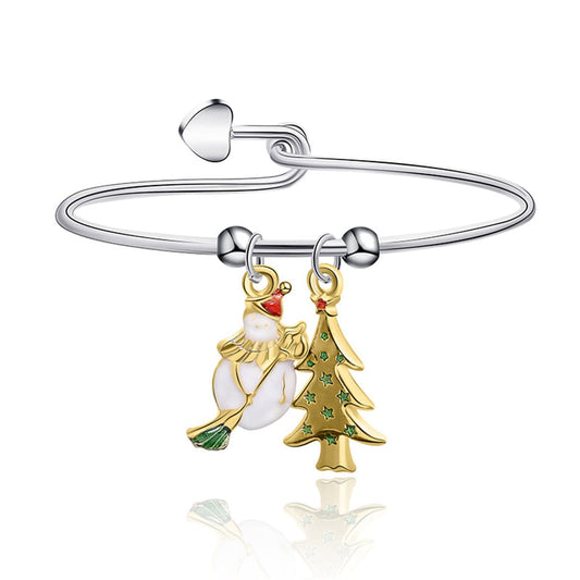 Green and Two-Tone Christmas Tree and Snowman Charm Bangle, bangle bracelet, dainty minimalist design, front view