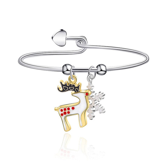 White and Two-Tone Reindeer and Snowflake Charm Bangle, bangle bracelet, everyday style, front view
