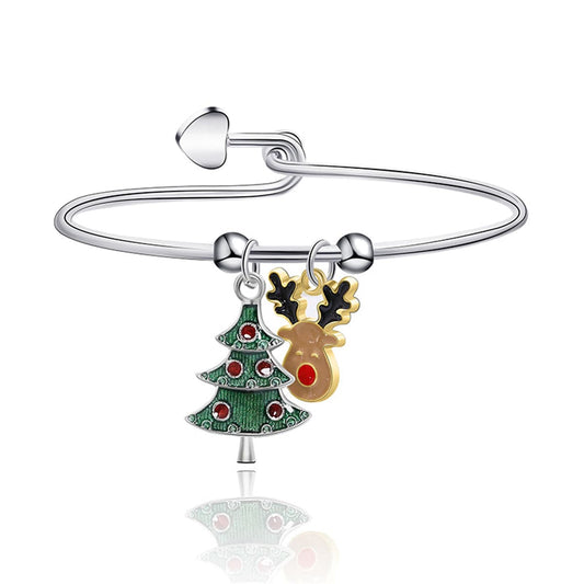 Green Enamel and Two Tone Christmas Tree Reindeer Charm Bangle, bangle bracelet, elegant gift for her, front view