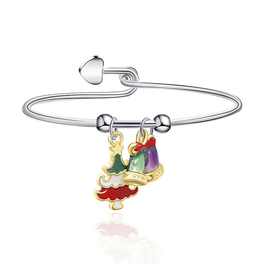 Multicolor Enamel and Two-Tone Christmas Tree and Bells Charm Bangle, bangle bracelet, botanical inspired, front view
