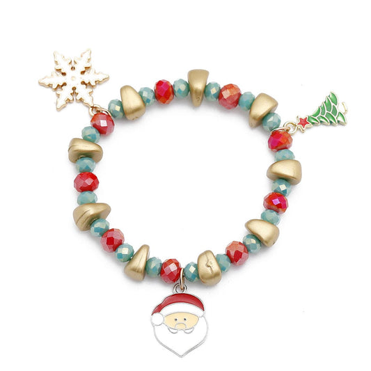 Green Acryllic and Enamel 18K Gold-Plated Snowflake Santa Stretch Charm Bracelet, gold bracelet for women, front view