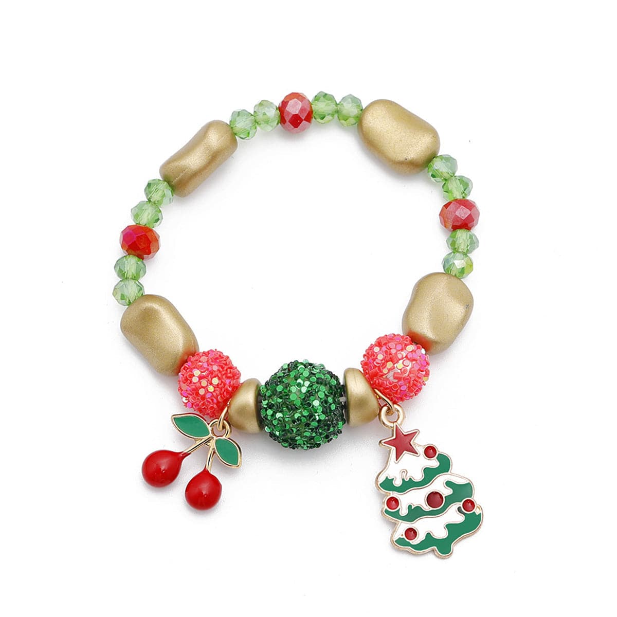 Red and Green Sparkle Tree and Mistletoe Stretch Charm Bracelet, bracelet for women, dainty minimalist design, side view