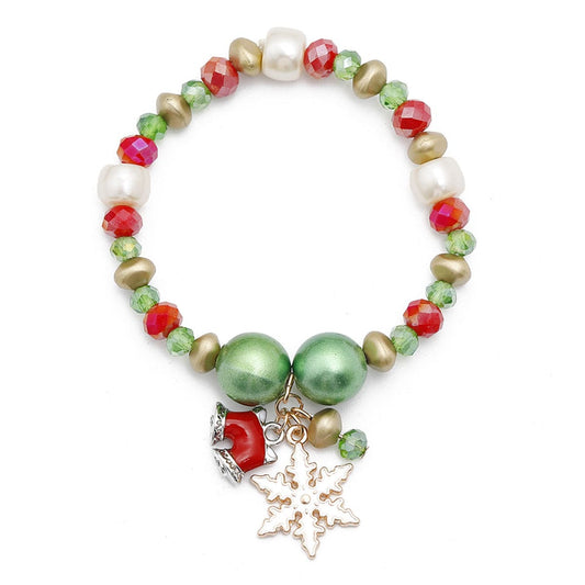 Pearl and Two-Tone Snowflake Bell Stretch Charm Bracelet, bracelet for women, vintage-inspired design, front view