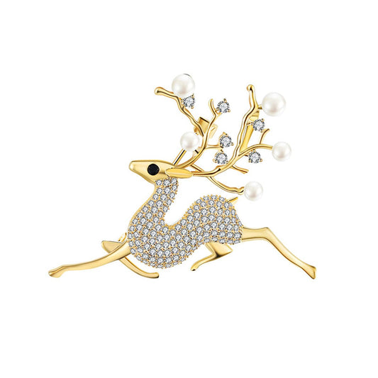Cubic Zirconia and Pearl 18K Gold-Plated Reindeer Brooch, gold brooch pin, vintage-inspired design, front view