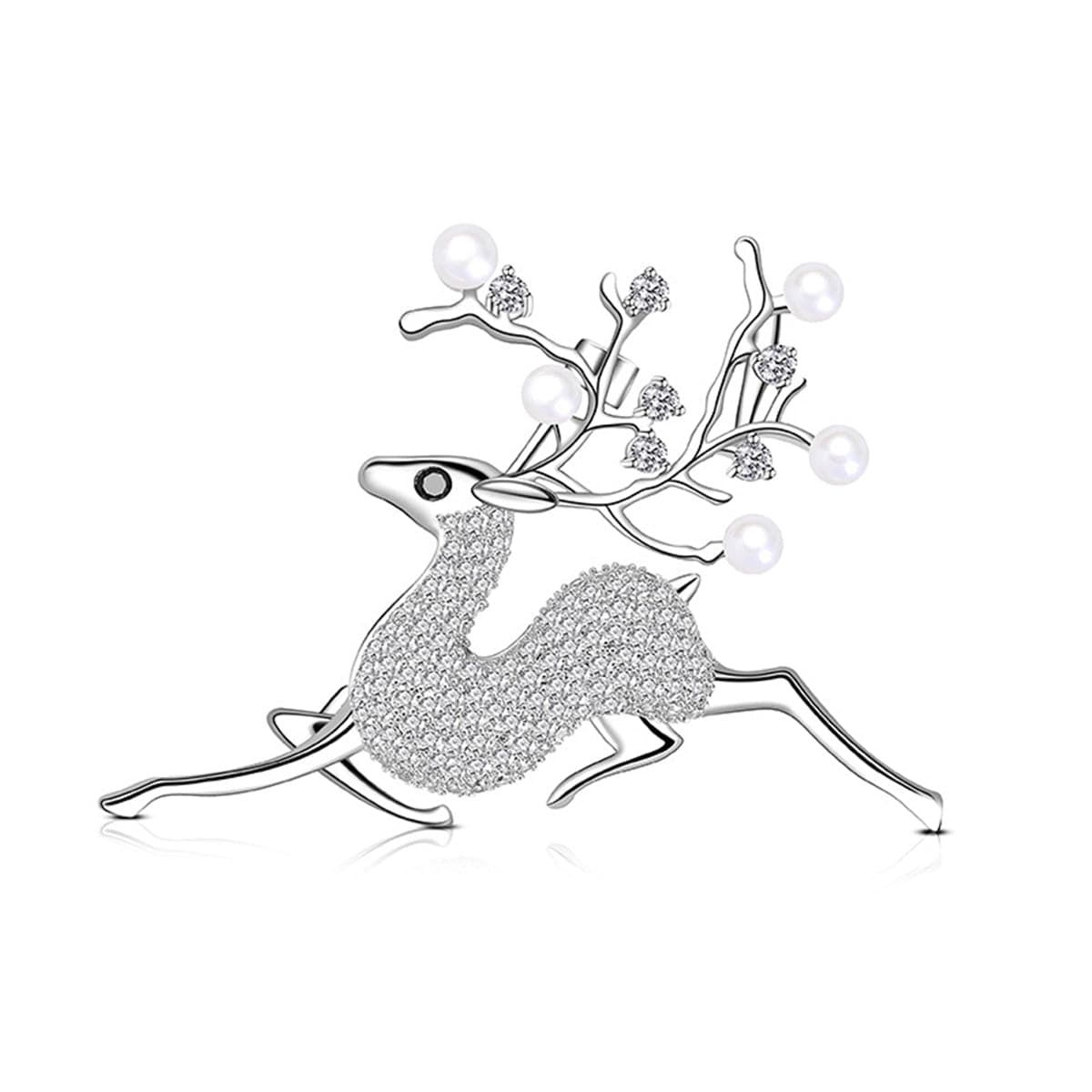 Pearl and Cubic Zirconia Silver-Plated Reindeer Brooch, silver brooch pin, botanical inspired, front view