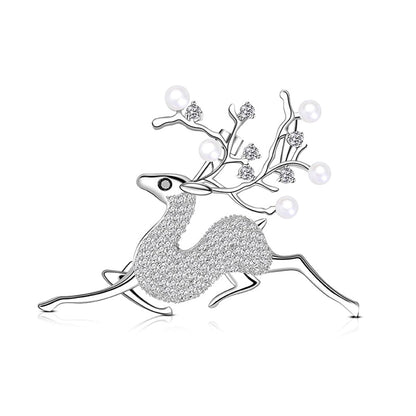 Pearl and Cubic Zirconia Silver-Plated Reindeer Brooch, silver brooch pin, botanical inspired, front view