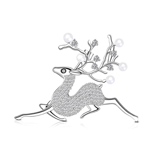 Pearl and Cubic Zirconia Silver-Plated Reindeer Brooch, silver brooch pin, botanical inspired, front view