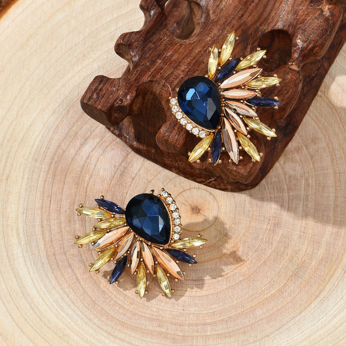Navy Crystal and Cubic Zirconia Botanical Stud Earrings, stud earrings for women, everyday style, front view