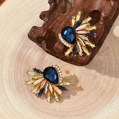 Navy Crystal and Cubic Zirconia Botanical Stud Earrings, stud earrings for women, everyday style, front view