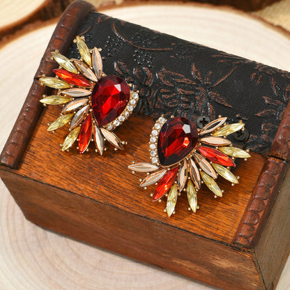 Red Crystal and Cubic Zirconia Botanical Stud Earrings, stud earrings for women, vintage-inspired design, front view