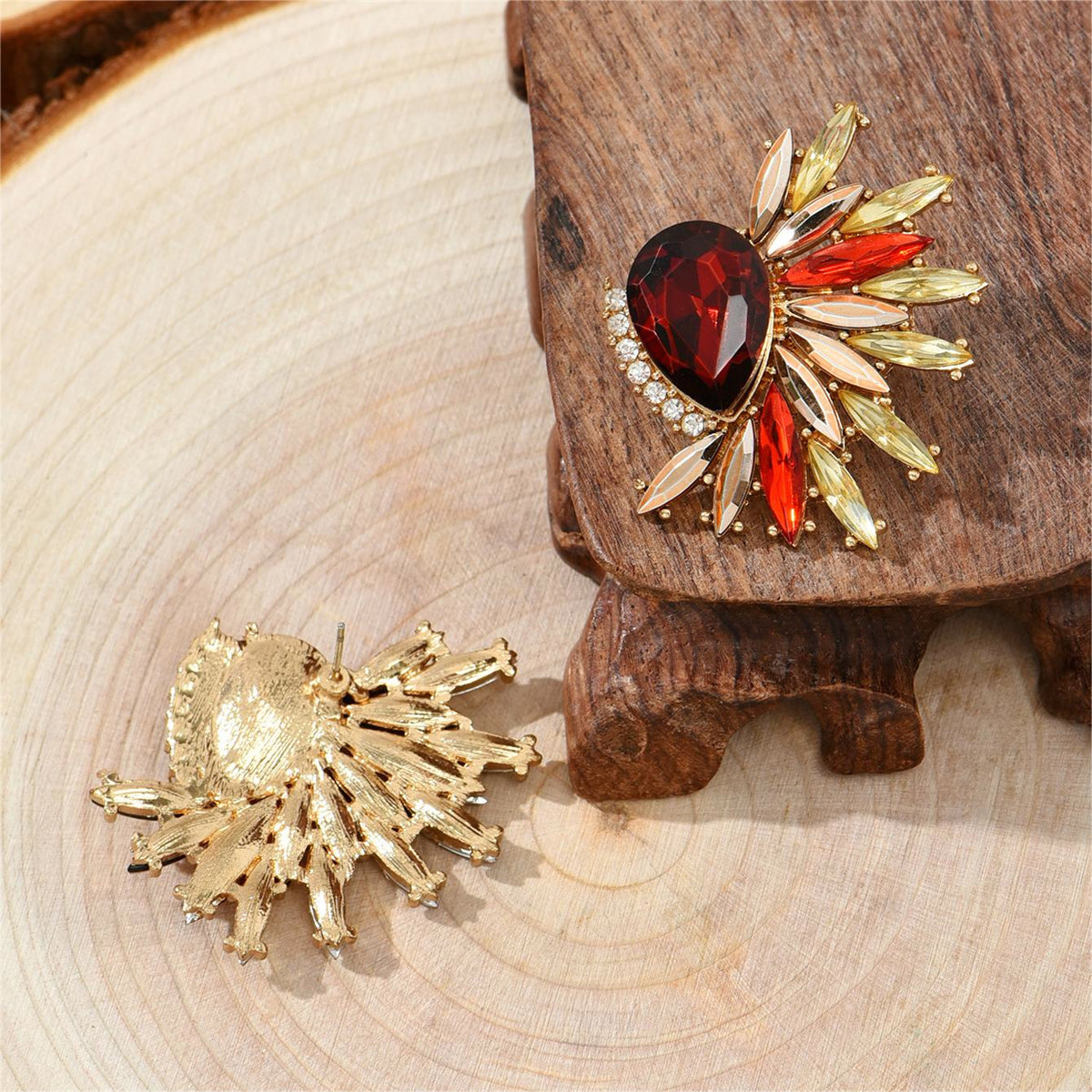 Red Crystal and Cubic Zirconia Botanical Stud Earrings, stud earrings for women, vintage-inspired design, detail close-up