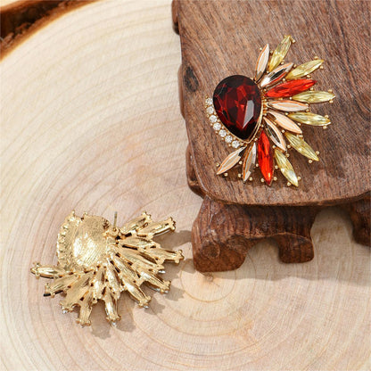 Red Crystal and Cubic Zirconia Botanical Stud Earrings, stud earrings for women, vintage-inspired design, detail close-up