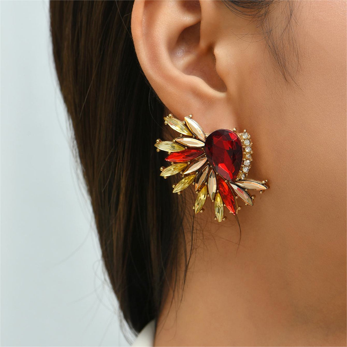 Red Crystal and Cubic Zirconia Botanical Stud Earrings, stud earrings for women, vintage-inspired design, styled look