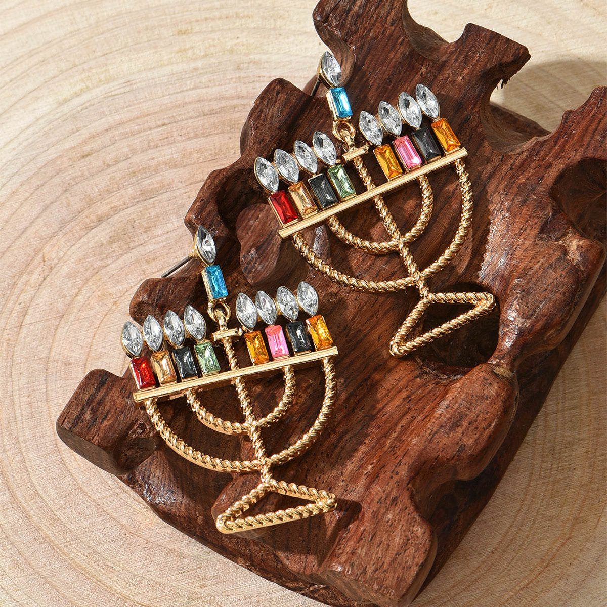 Crystal and 18K Gold-Plated Menorah Drop Earrings, gold drop earrings for women, everyday style, front view