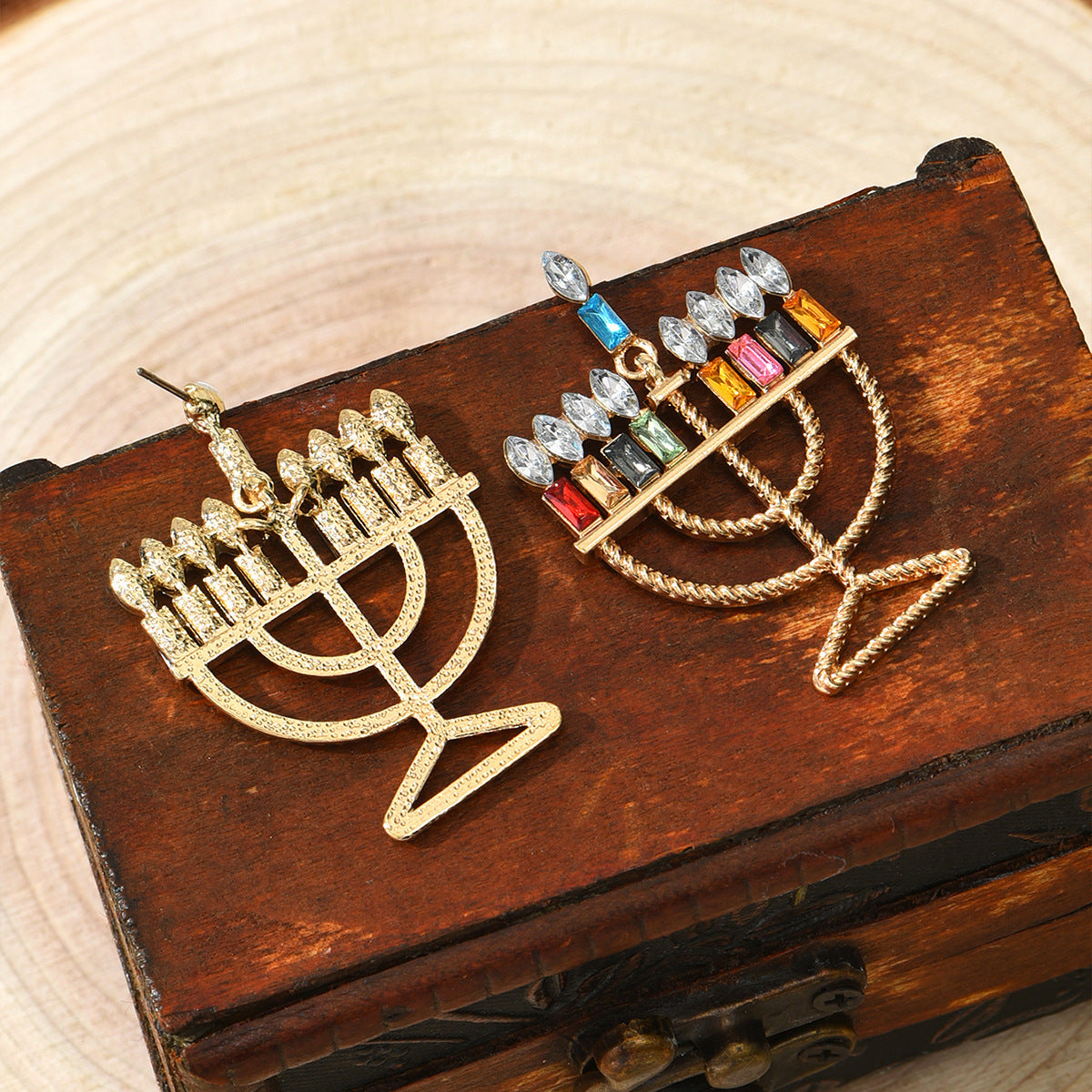 Crystal and 18K Gold-Plated Menorah Drop Earrings, gold drop earrings for women, everyday style, side view