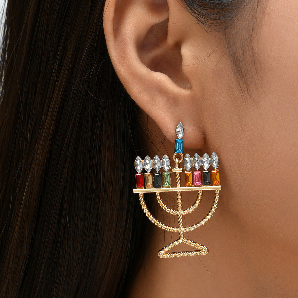 Crystal and 18K Gold-Plated Menorah Drop Earrings, gold drop earrings for women, everyday style, detail close-up