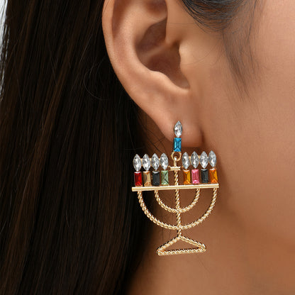 Crystal and 18K Gold-Plated Menorah Drop Earrings, gold drop earrings for women, everyday style, detail close-up
