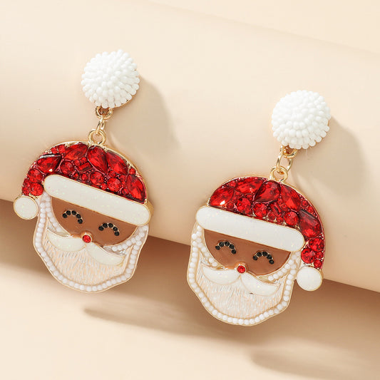 Red Crystal and Howlite Santa Drop Earrings, drop earrings for women, vintage-inspired design, front view