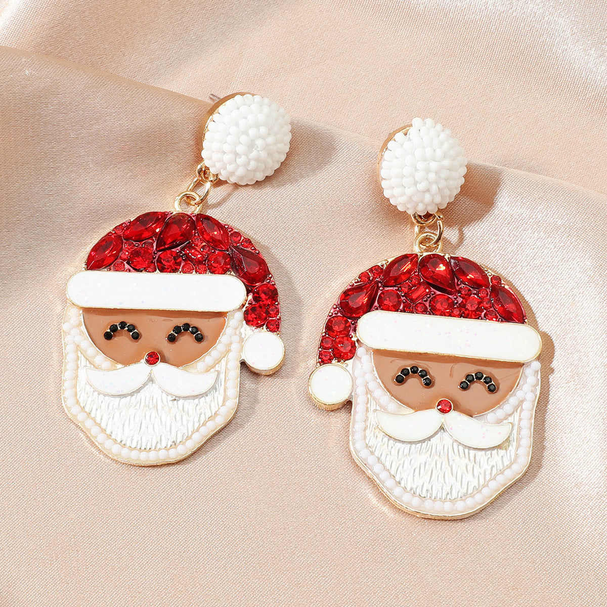 Red Crystal and Howlite Santa Drop Earrings, drop earrings for women, vintage-inspired design, detail close-up