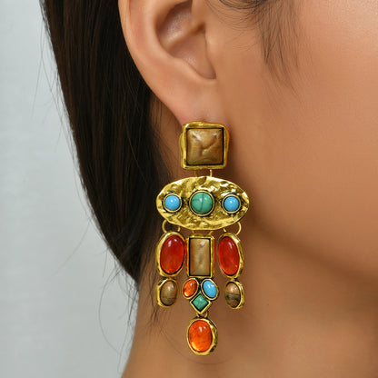 Colored Resin and Turquoise Geometric Drop Earrings, drop earrings for women, dainty minimalist design, front view
