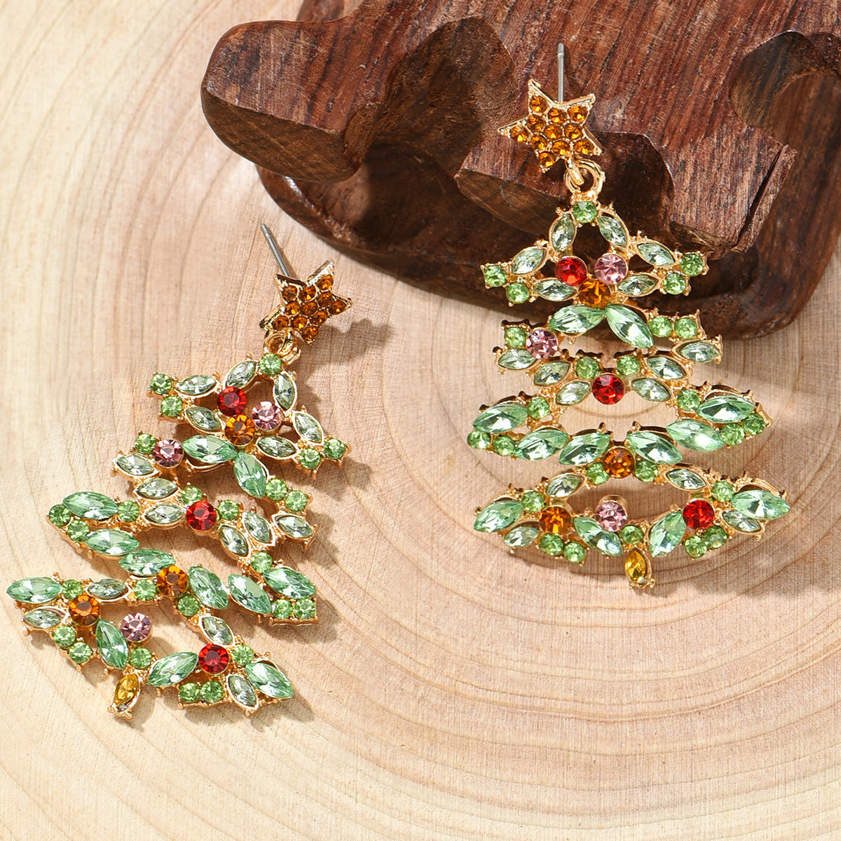 Light Green Crystal and Cubic Zirconia Star Christmas Tree Drop Earrings, drop earrings for women, detail close-up