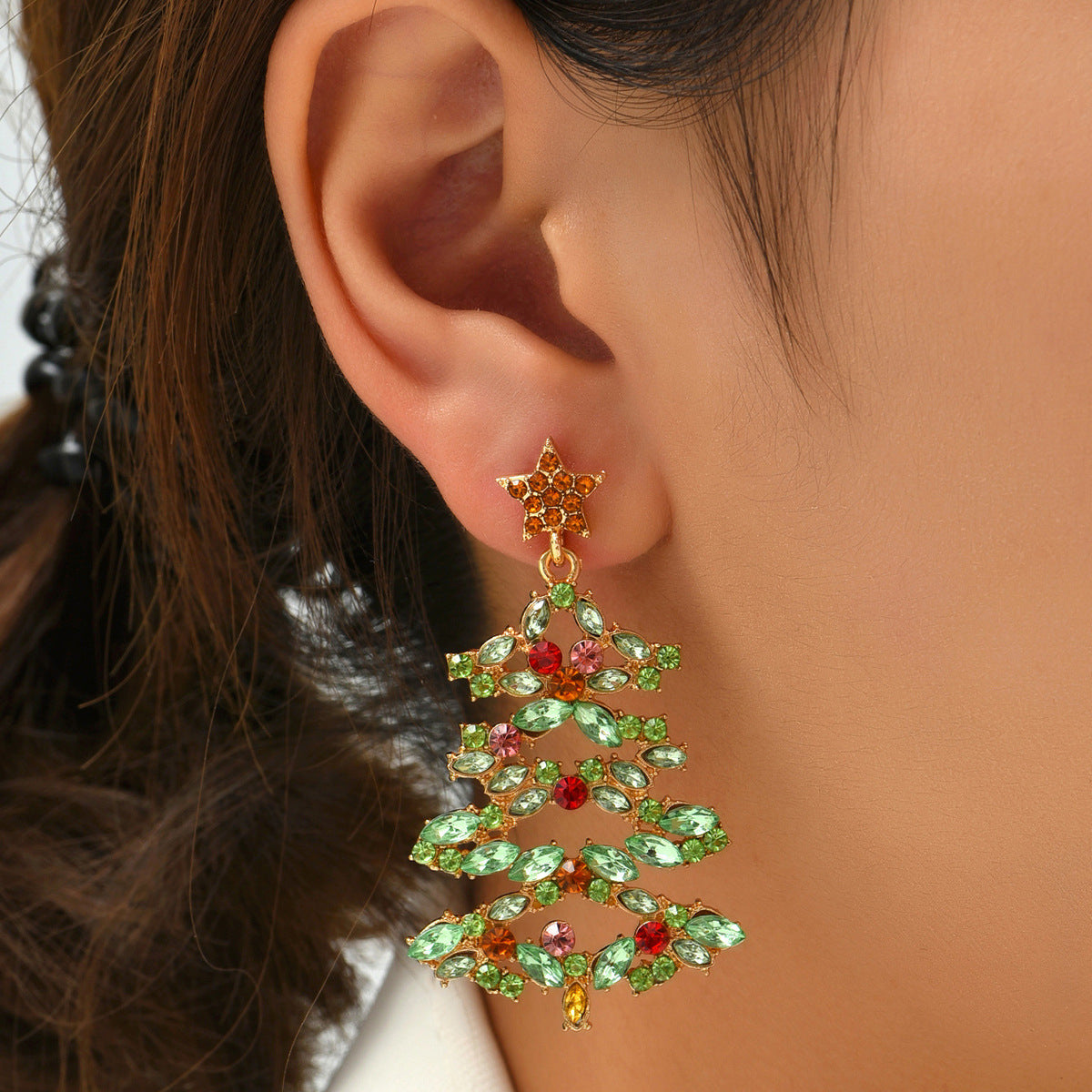 Light Green Crystal and Cubic Zirconia Star Christmas Tree Drop Earrings, drop earrings for women, front view