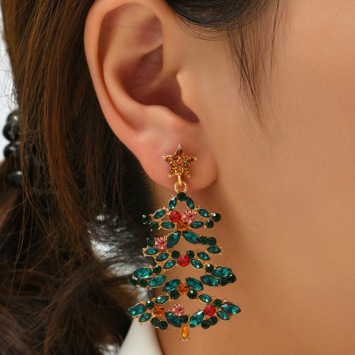 Green Crystal and Cubic Zirconia Tree Drop Earrings, drop earrings for women, elegant gift for her, front view