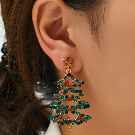 Green Crystal and Cubic Zirconia Tree Drop Earrings, drop earrings for women, elegant gift for her, front view