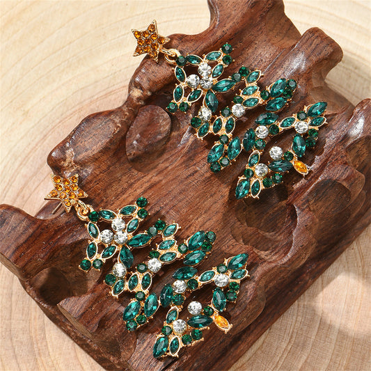 Dark Green Crystal and Cubic Zirconia Star Tree Drop Earrings, drop earrings for women, vintage-inspired design, front view