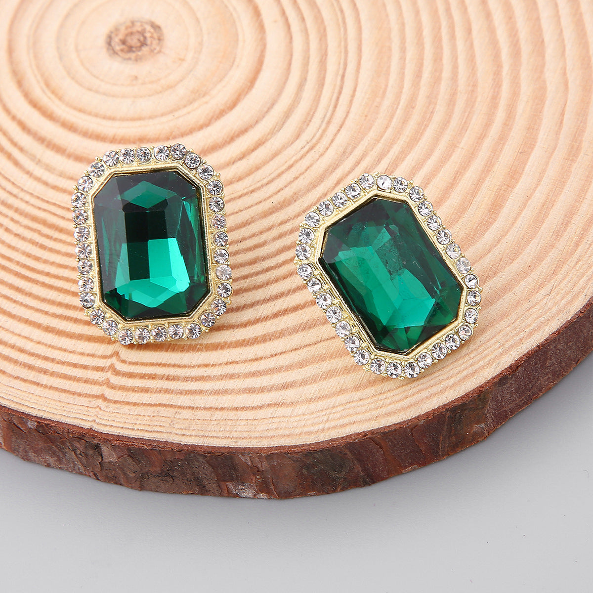 Green Crystal and Cubic Zirconia 18K Gold-Plated Rectangle Hola Stud Earrings, gold stud earrings for women, detail close-up