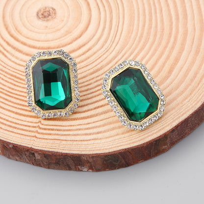 Green Crystal and Cubic Zirconia 18K Gold-Plated Rectangle Hola Stud Earrings, gold stud earrings for women, detail close-up