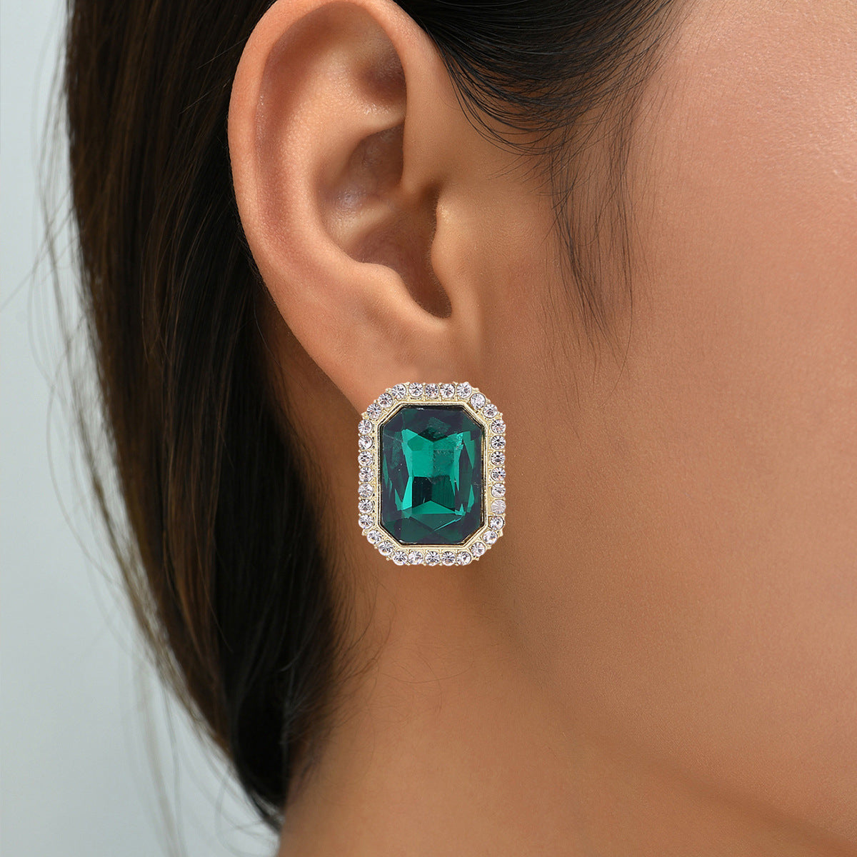 Green Crystal and Cubic Zirconia 18K Gold-Plated Rectangle Hola Stud Earrings, gold stud earrings for women, front view