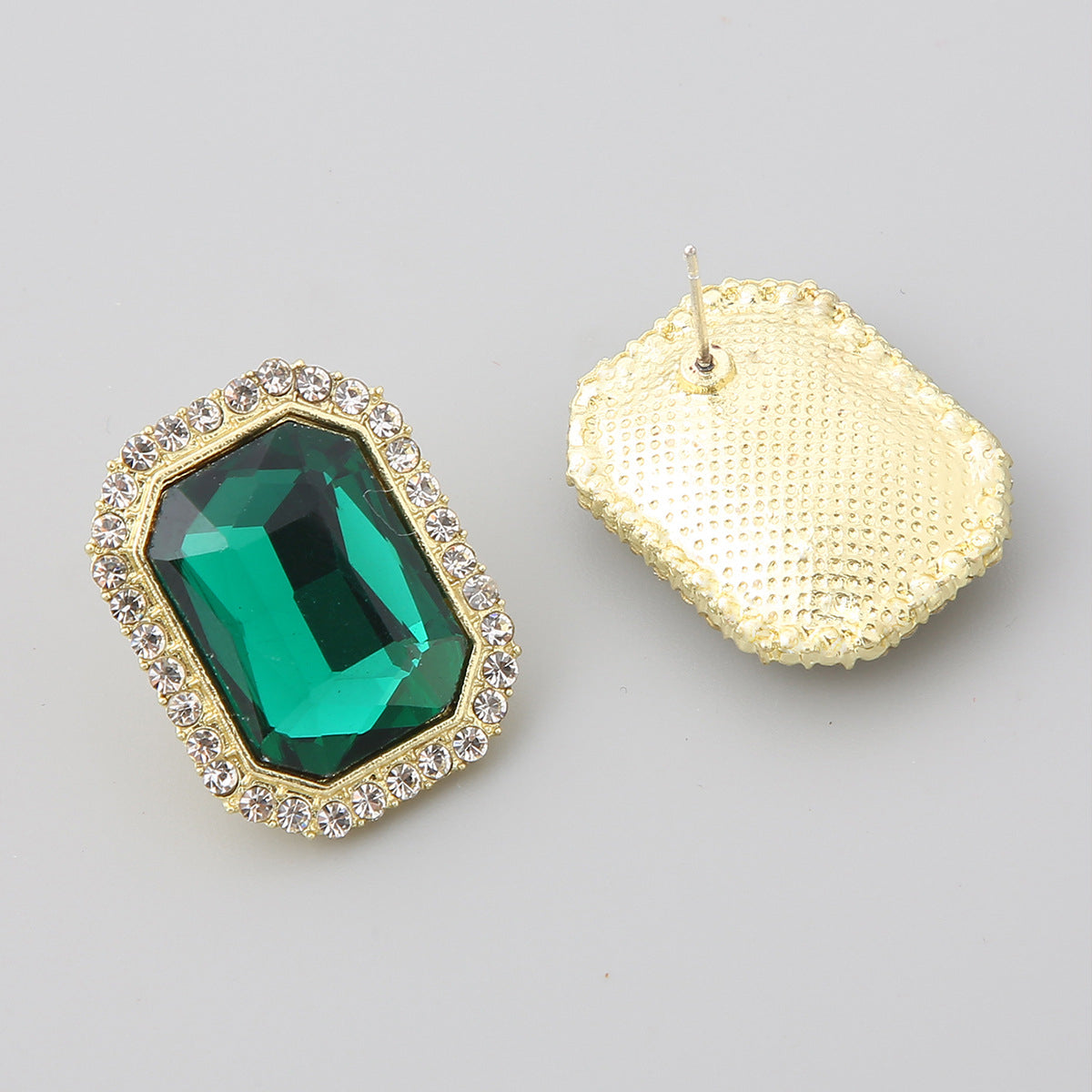 Green Crystal and Cubic Zirconia 18K Gold-Plated Rectangle Hola Stud Earrings, gold stud earrings for women, lifestyle look