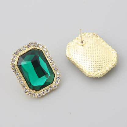 Green Crystal and Cubic Zirconia 18K Gold-Plated Rectangle Hola Stud Earrings, gold stud earrings for women, lifestyle look